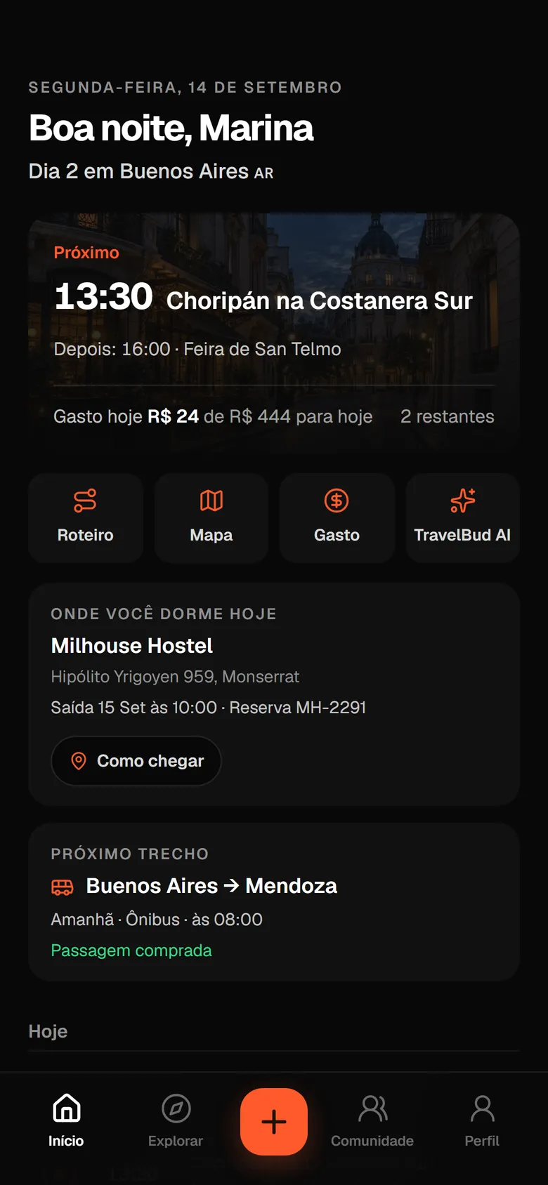 Tela do dia com o gasto de hoje, o hostel da noite e o próximo ônibus
