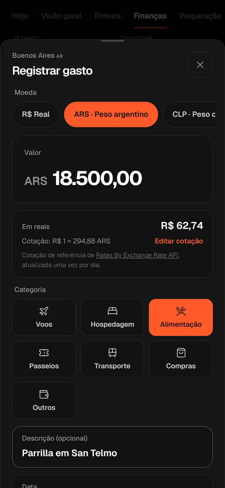 Gasto registrado em peso argentino e convertido para reais