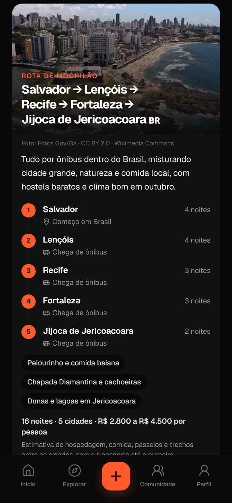 Rota de mochilão sugerida pelo Me inspire, com as noites de cada cidade